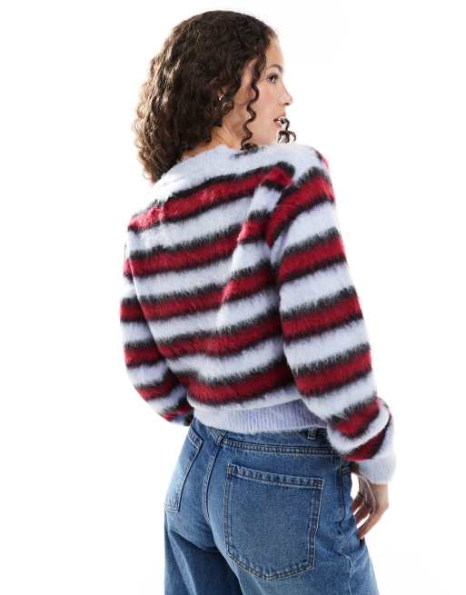 COLLUSION brushed stripe v-neck cardigan in red & blue, 3 of 4