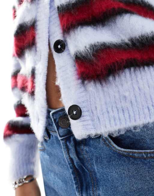 COLLUSION brushed stripe v-neck cardigan in red & blue, 4 of 4