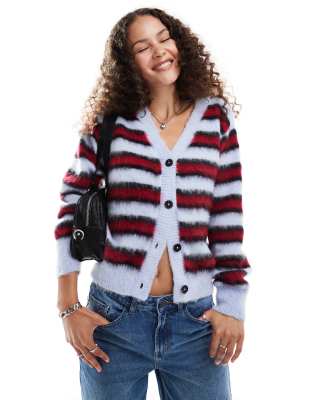 Collusion brushed stripe v-neck cardigan in red & blue