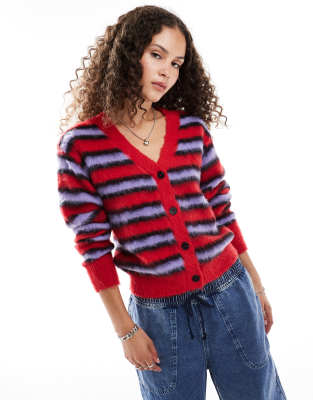 Collusion brushed stripe v-neck cardigan in red & pink