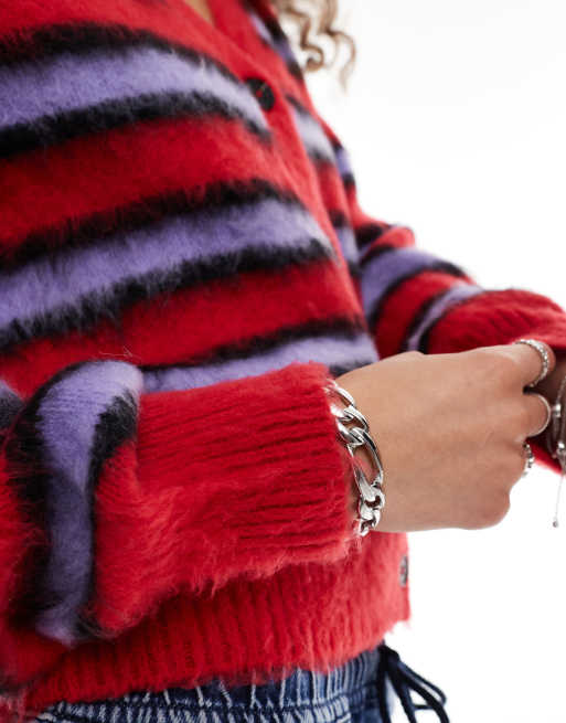 COLLUSION brushed stripe v-neck cardigan in red & pink