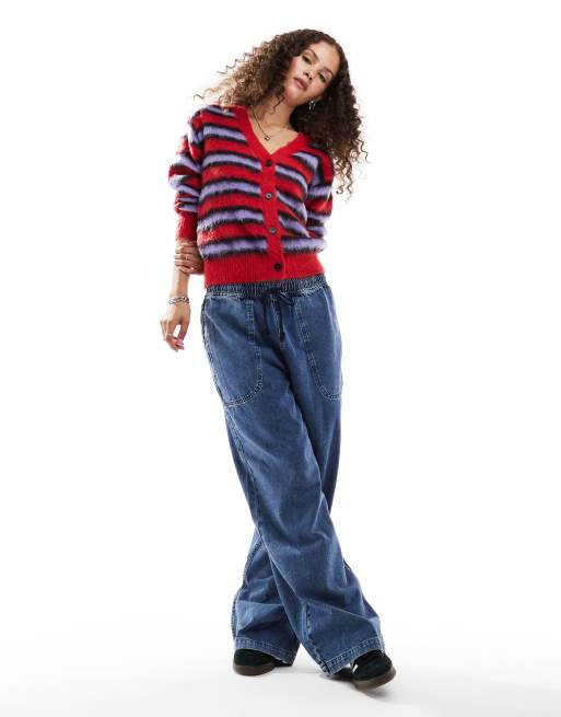 COLLUSION brushed stripe v-neck cardigan in red & pink