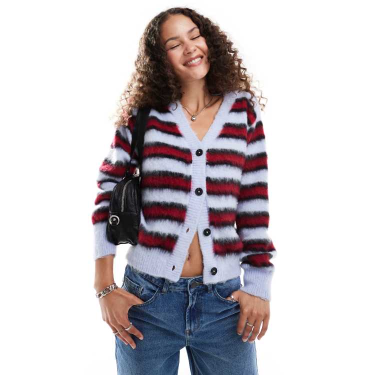 COLLUSION brushed striped v-neck cardigan in red & blue | ASOS