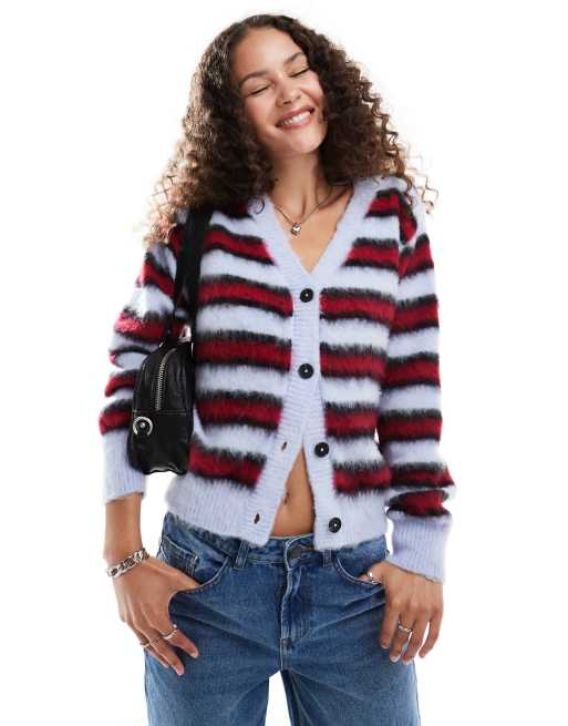COLLUSION brushed striped v-neck cardigan in red & blue