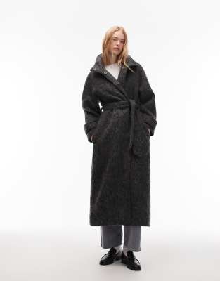 Collusion Brushed Textured Heather Longline Trench Coat-gray In Gray