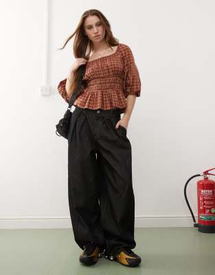 COLLUSION bubble sleeve smock top in red check