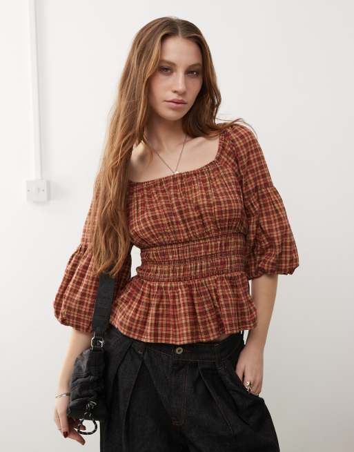 トップス Ameri CHECK PUFF SLEEVE TOP 110027027_Sea_Salt_Multi__0007