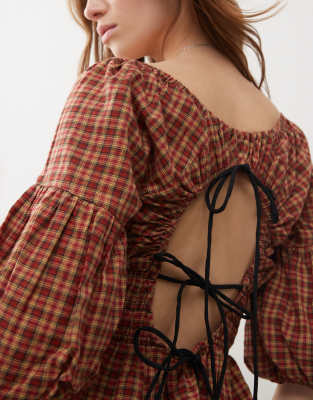 COLLUSION bubble sleeve smock top in red check