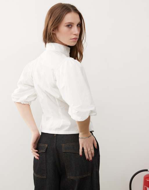 COLLUSION bubble sleeve top with zip detail in white
