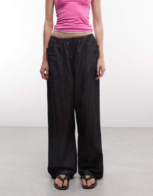COLLUSION bukser med brede ben, skinny-slips og bindebånd i taljen i charcoal chambray, 2 af 5