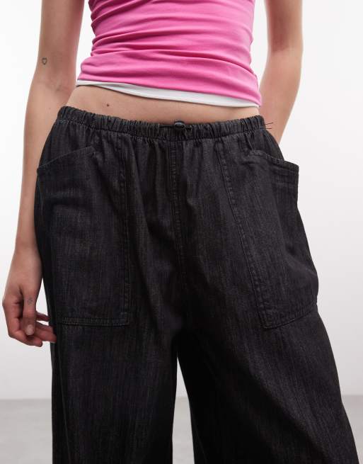 COLLUSION bukser med brede ben, skinny-slips og bindebånd i taljen i charcoal chambray, 3 af 5