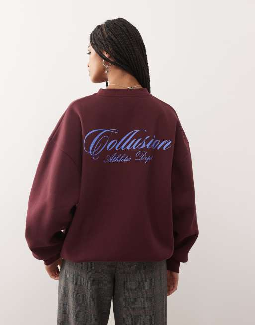 COLLUSION burgundy sweat with poppy blue script graphic