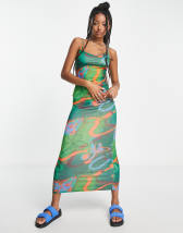 COLLUSION printed long sleeve cup detail maxi dress in green | ASOS