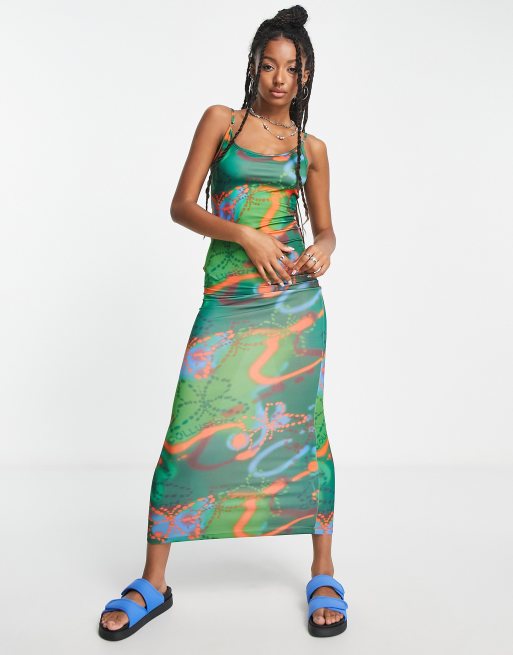 COLLUSION butterfly print cami maxi dress in green