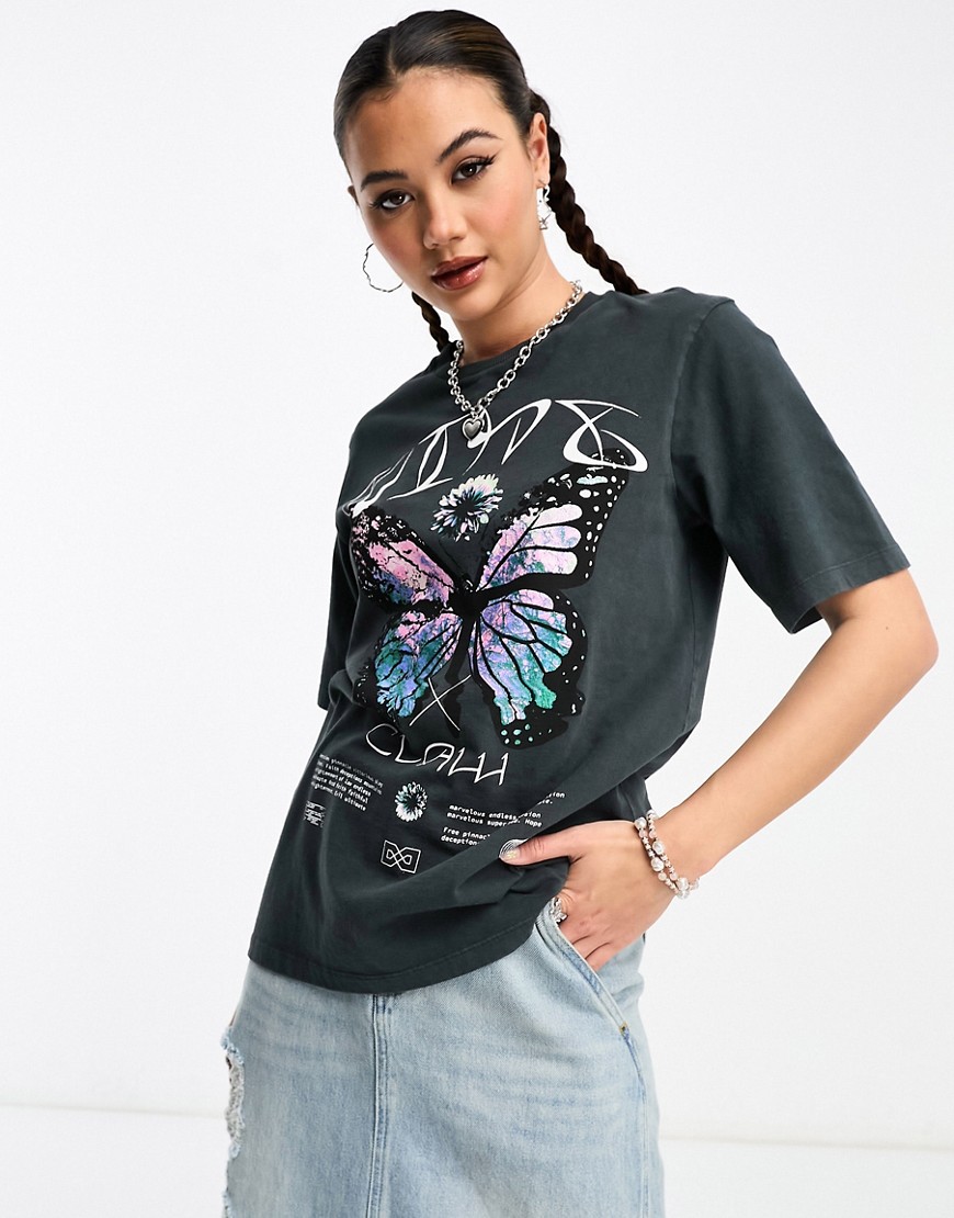 Collusion Butterfly Print Washed Oversized T-Shirt In Grey