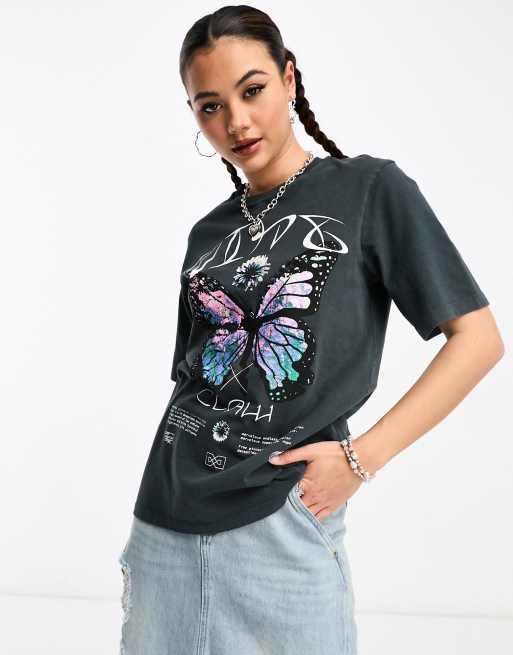 Collusion Butterfly Print Washed Oversized T-shirt In Grey 