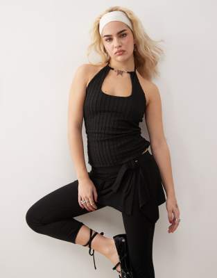 Collusion butterfly trim halter neck top in black