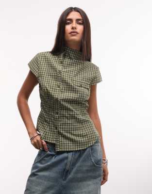 Collusion Button Detail High Neck Shirt In Green