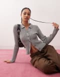 [Collusion] COLLUSION button down knitted top in grey M GREY