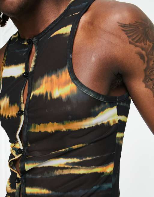 COLLUSION Button Down Mesh Printed Tank Top In Print