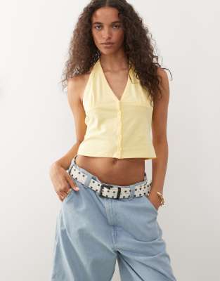 COLLUSION button front halter neck top in butter yellow - view 1