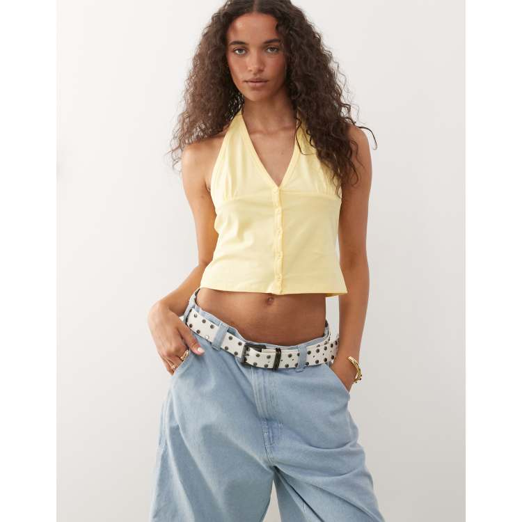 Ivicoer Women’s Halter Tank Top – High Neck, Pleated Front, Loose Fit With Polka Dots (Yellow)