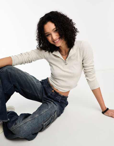COLLUSION button rib long sleeve top in oatmeal heather - view 1
