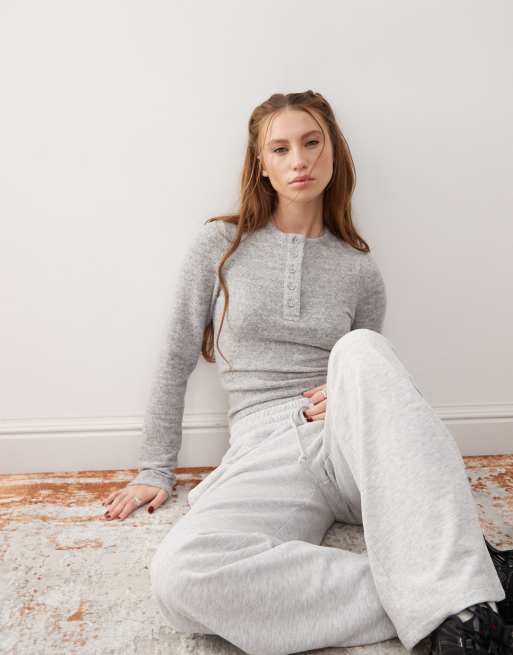 COLLUSION button through soft touch henley top in charcoal