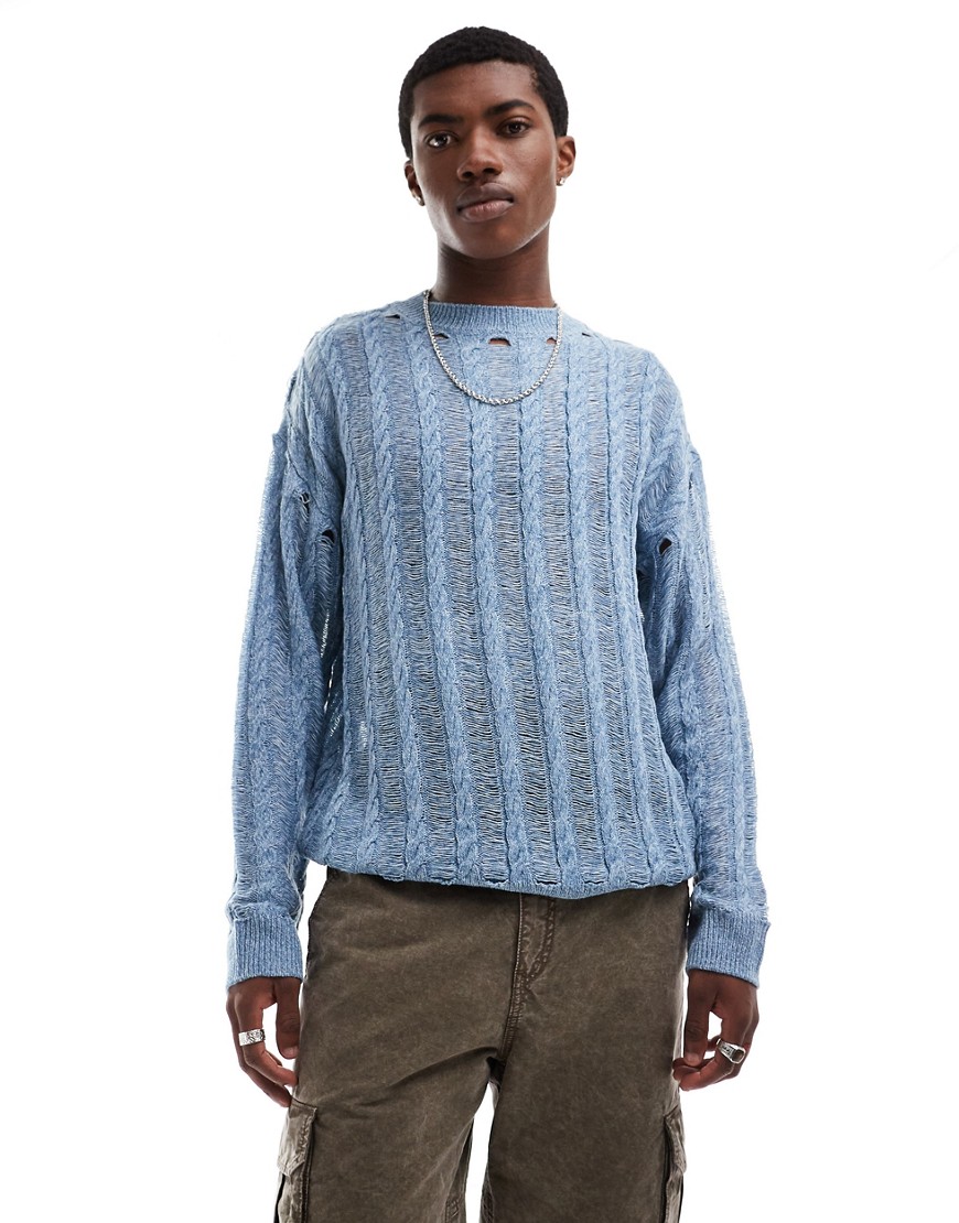COLLUSION cable and distressed knitted jumper in blue