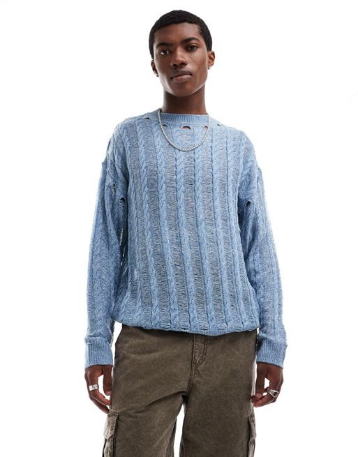 COLLUSION cable and distressed knitted lightweight jumper in blue