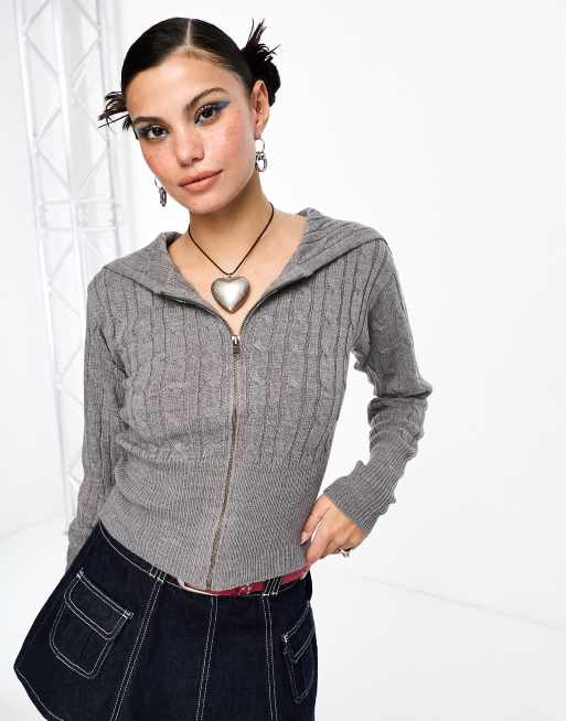 COLLUSION cable knit oversized collar zip through jumper in grey marl