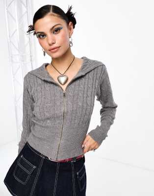 Collusion Cable Knit Oversized Collar Zip Through Sweater In Gray Heather-brown