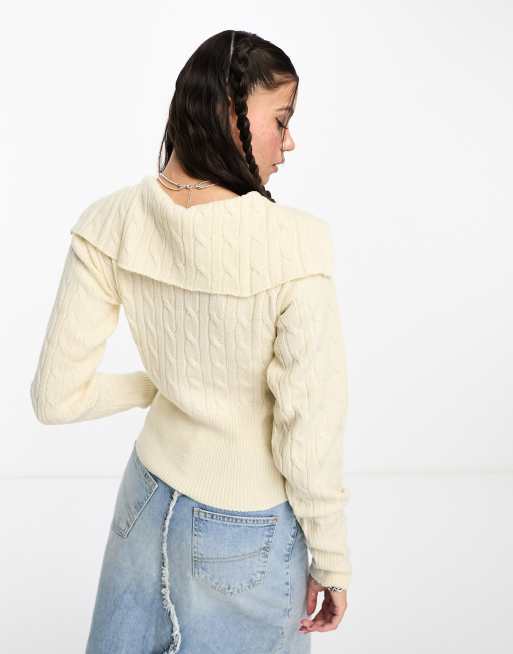 COLLUSION cable knit oversized collar zip up sweater in ecru