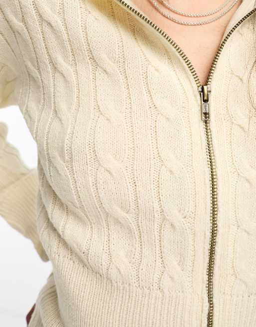 COLLUSION cable knit oversized collar zip up sweater in ecru