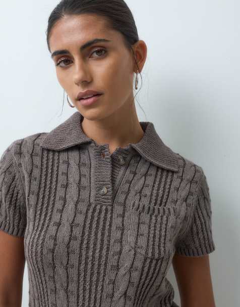 COLLUSION cable knit polo in plated gray - view 1