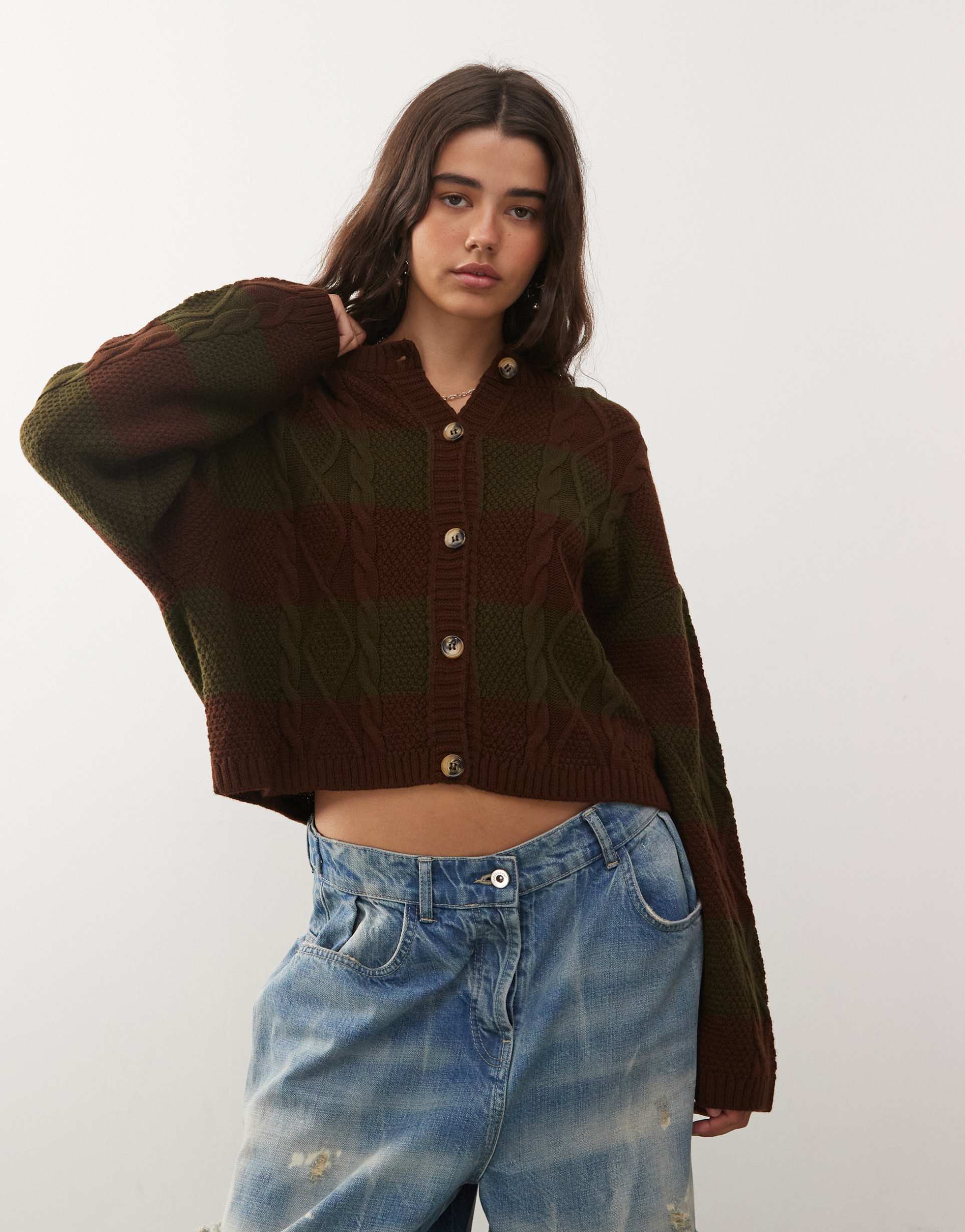 collusion cable knit striped cardigan in brown and khaki green