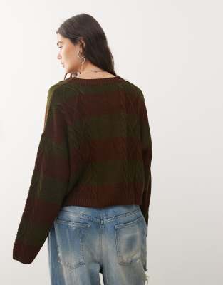 Collusion Cable Knit Striped Cardigan In Brown