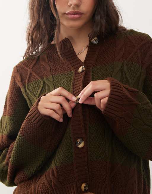 COLLUSION cable knit striped cardigan in brown and khaki green | ASOS