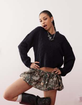 Collusion Cable Knit V-neck Sweater In Navy