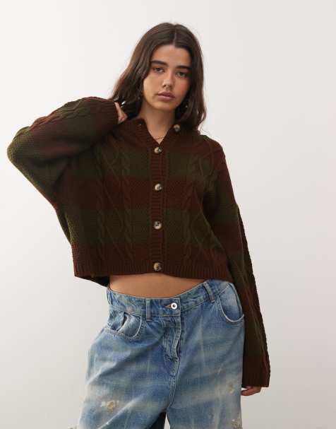 COLLUSION cable stripe knitted cardi in brown and khaki - view 1