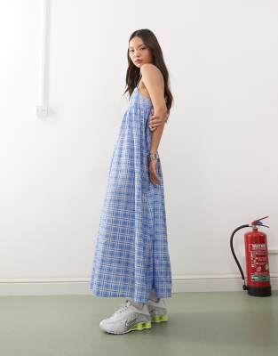 cami woven maxi dress in blue plaid