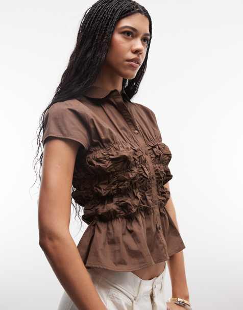 COLLUSION - Camicia a maniche corte aderente arricciata marrone - view 1