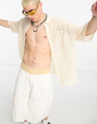COLLUSION - Camicia a maniche corte da festival in maglia color crema