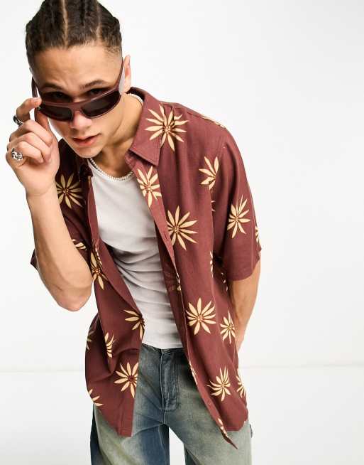 COLLUSION - Camicia a maniche corte da festival in misto lino marrone a fiori