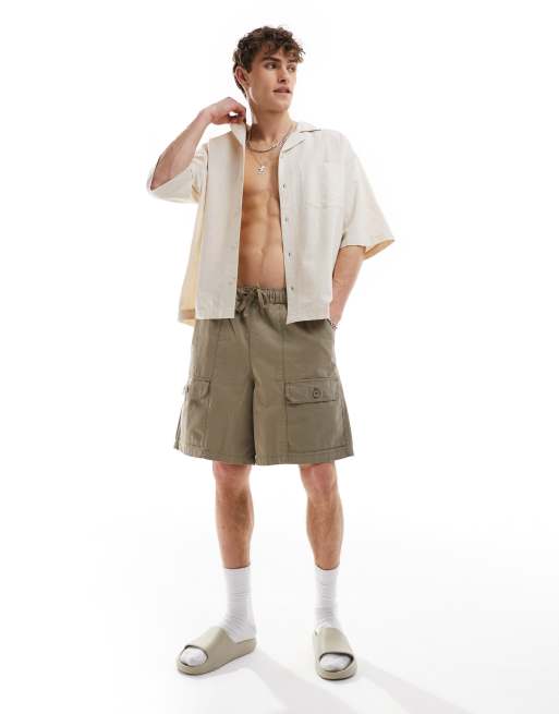 COLLUSION - Camicia a maniche corte da spiaggia in lino beige con rever