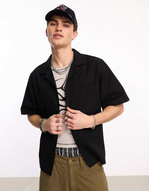 COLLUSION - Camicia a maniche corte nera in ripstop con rever