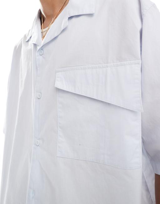 COLLUSION - Camicia a maniche corte oversize in popeline blu con rever, 3 di 4