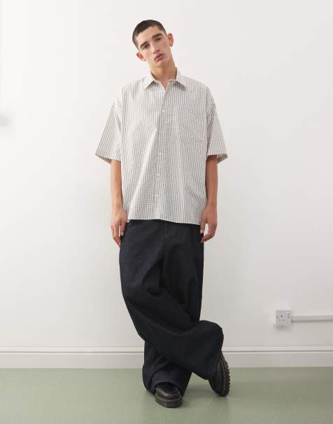 COLLUSION - Camicia a maniche corte squadrata oversize di colore neutro a quadri - view 1