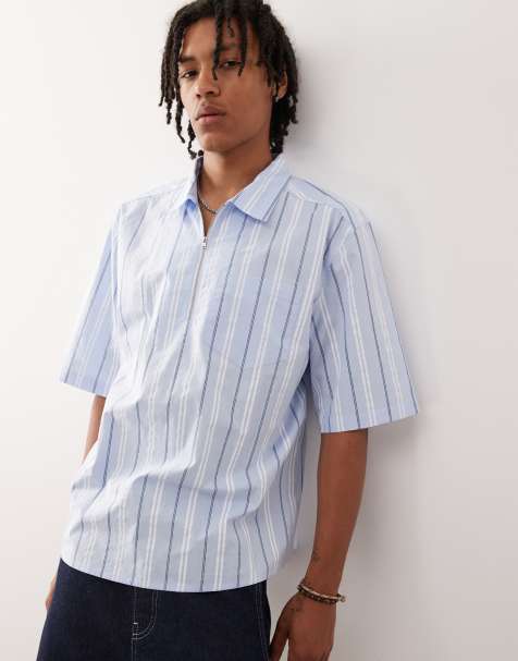 COLLUSION - Camicia blu a righe con zip corta - view 1