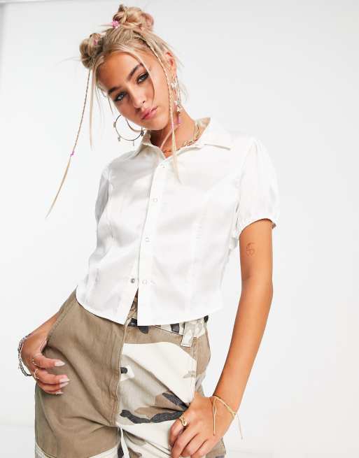 COLLUSION - Camicia corta vintage écru con logo